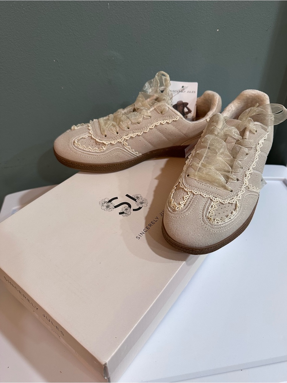 Sincerly Jules Cream Lace-Trim Sneakers with Sheer Ribbon Laces